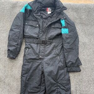 Vintage Mens M Pro Gear Black Teal Insulated Snow Suit One Piece Ski Jumpsuit